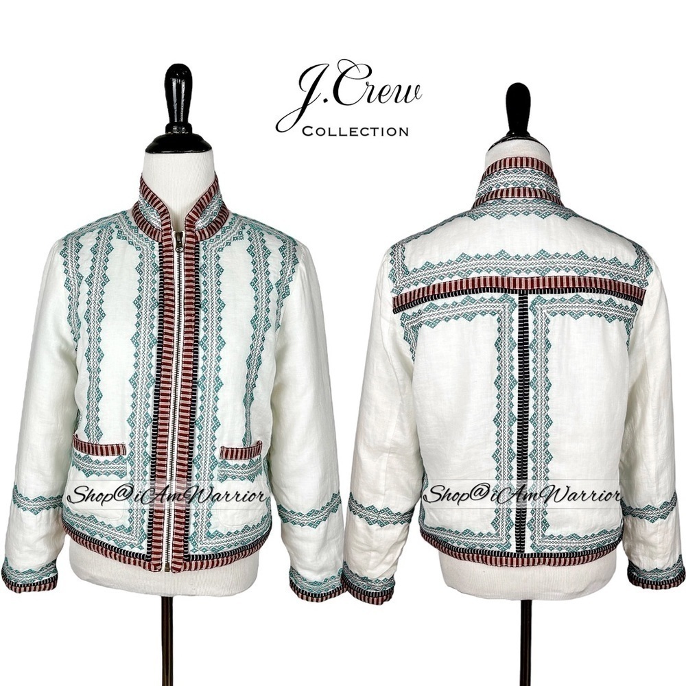 J.Crew Collection NWT Embroidered Boho Ribbon Trim Zip Front Ivory Linen Jacket - Picture 3 of 11